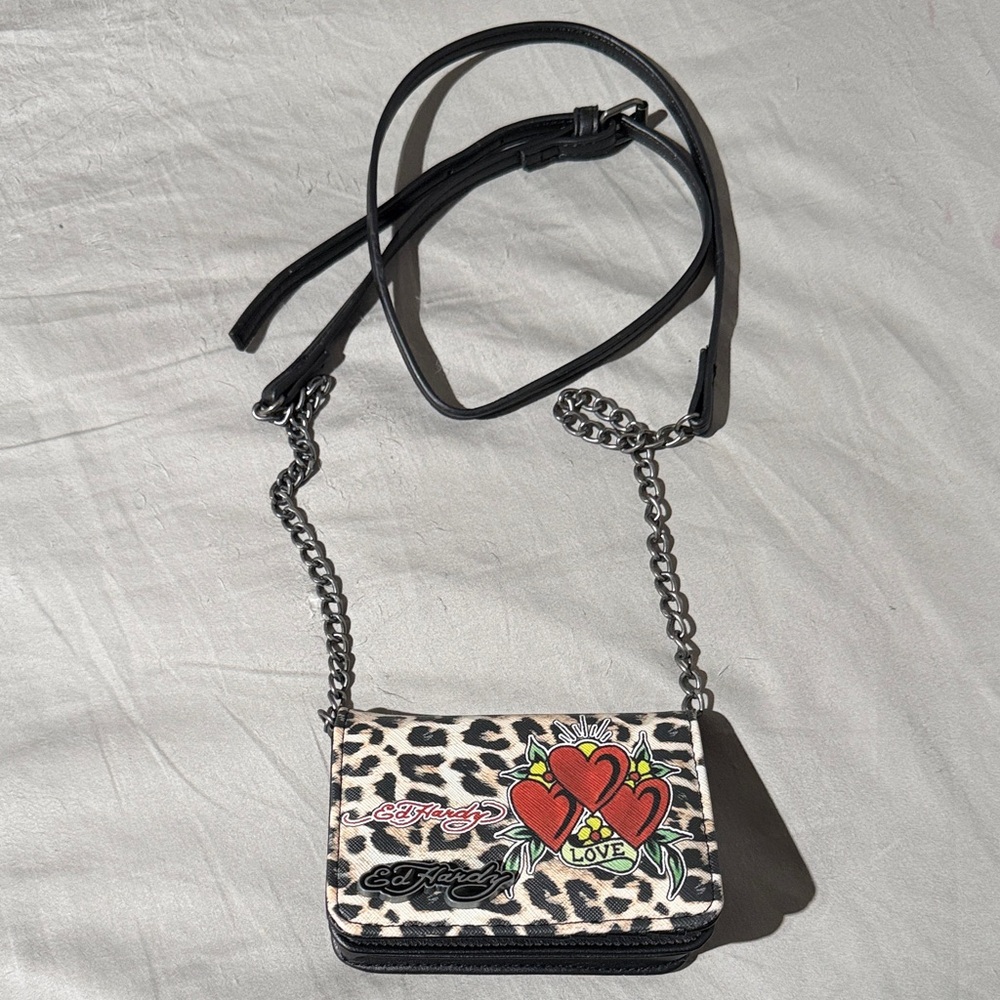 Ed Hardy Crossbody Bag with Leopard and Heart Design